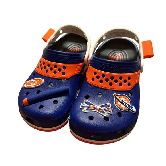 Nerf X Crocs Navy & Orange Clogs With Jibbitz Charms Kids Size J6 Lightweight - Picture 1 of 9